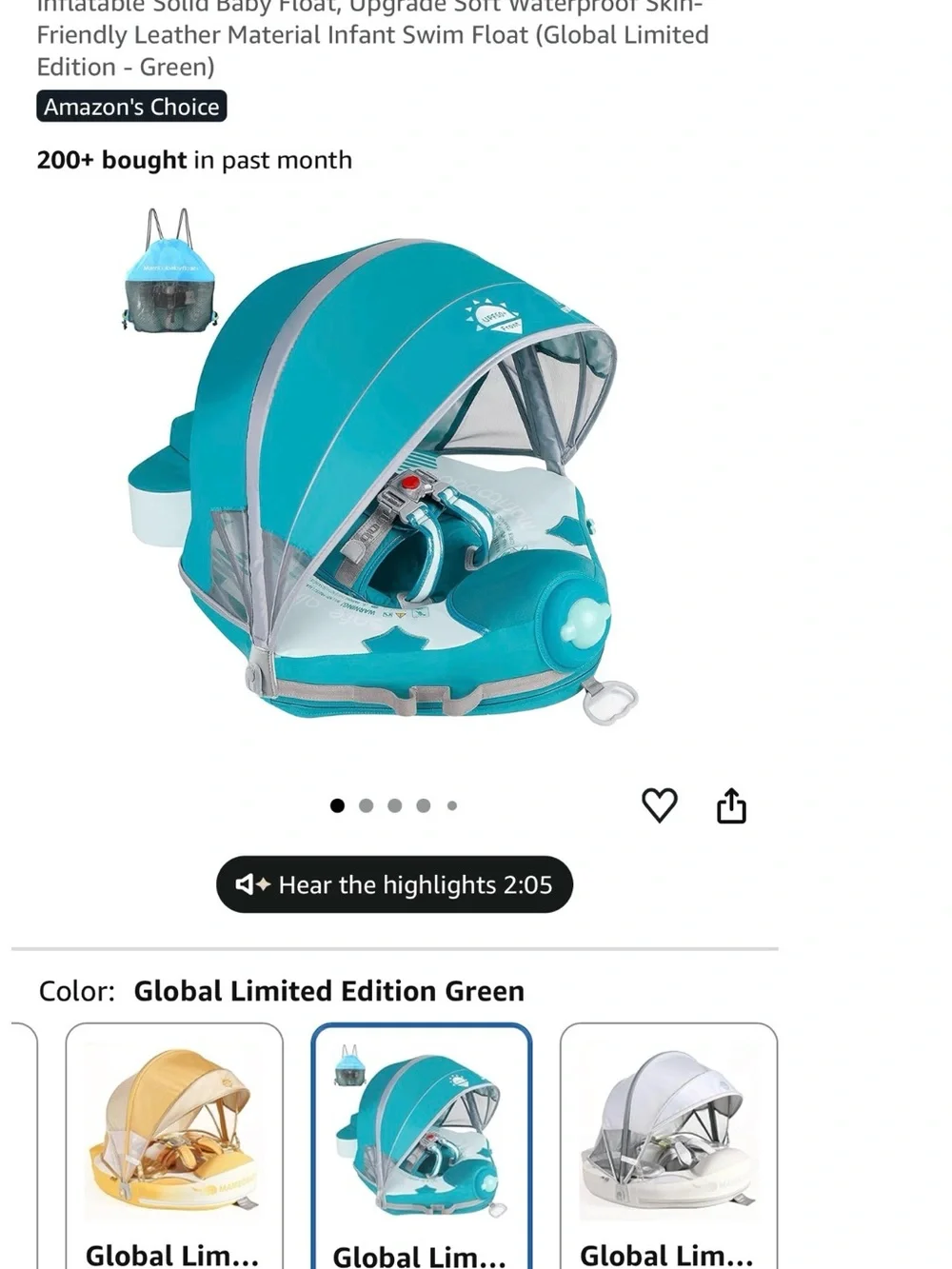 Mambo Baby Teal Swim Float with UPF50+ Sun Canopy